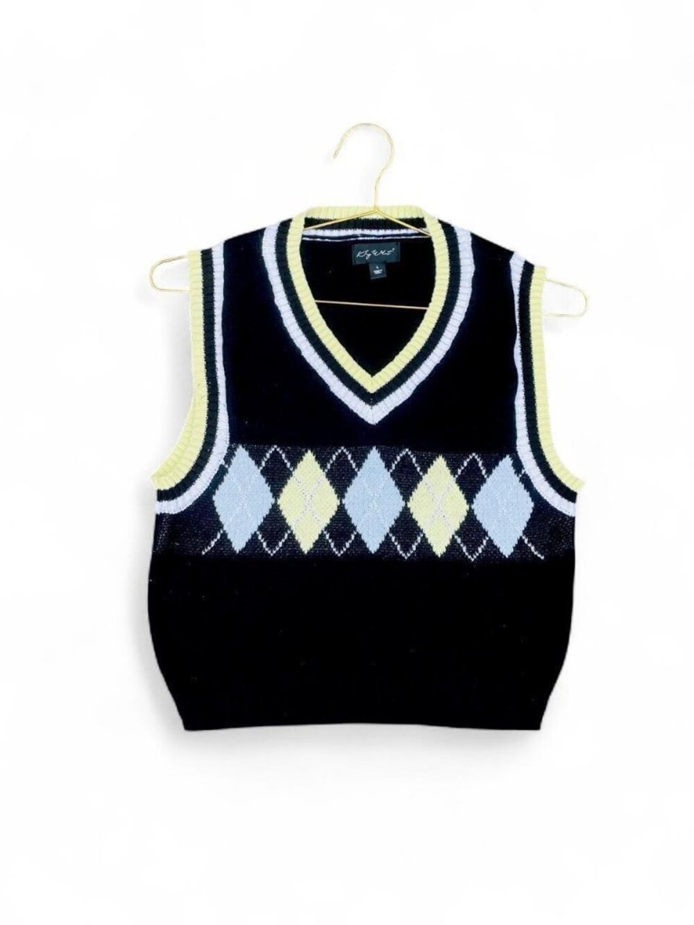 Black Argyle Sweater Vest – Y2K Preppy Academia Knit Vest – Size L
